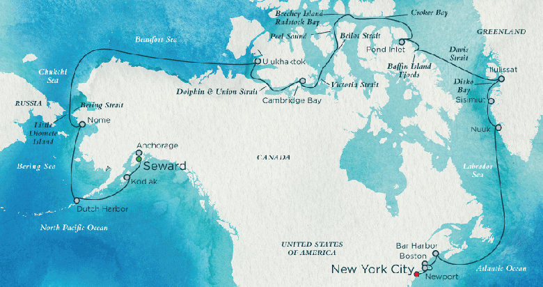 A rota do Crystal Serenity: de Anchorage, no Alaska, a Nova York, passando pela Groenlândia